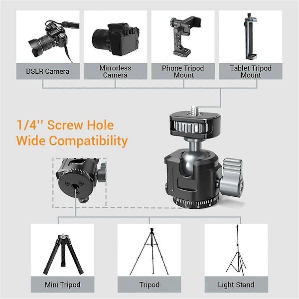 Mini Kulled Panoramahuvud för Stativ + Adapter för Kallskofäste för DSLR Kamera Stativ Telefonfäste