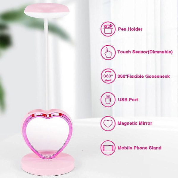 LED-skrivebordslampe for jenter, oppladbar LED-skrivebordslampe med USB-ladepunkt og pennholder, øyevennlig