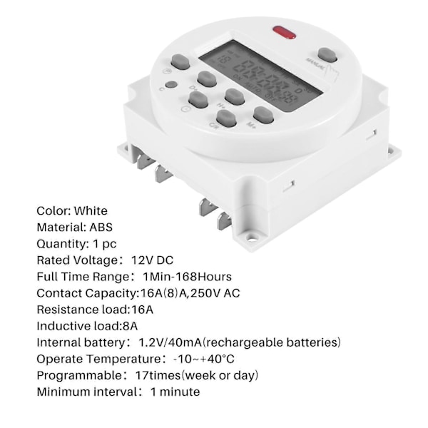 Ny LCD Digital Kontroll Strøm Programmerbar Timer DC 12V 16A Tidsrelébryter