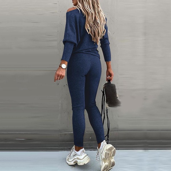 Kvinnor Vanlig Casual träningsoverall långärmad T-shirt Leggings Skinny Pants Outfit Set Dark Blue XL