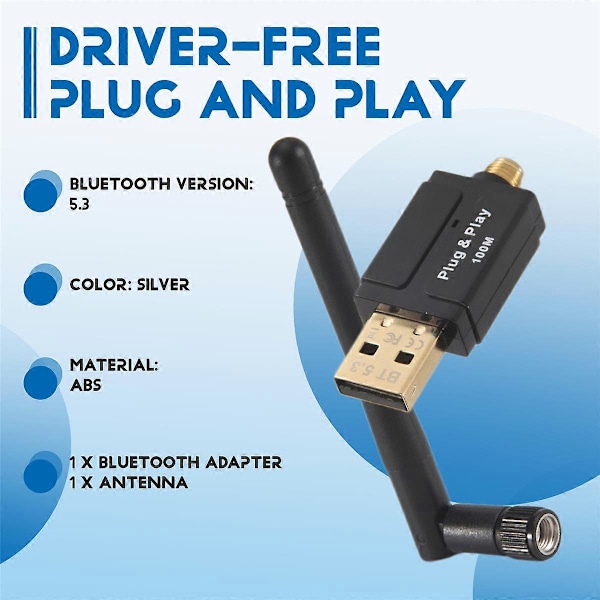 100M USB Bluetooth 5.3 Adapter USB Bluetooth Sändare Mottagare Extern Antenn Bluetooth Adapter