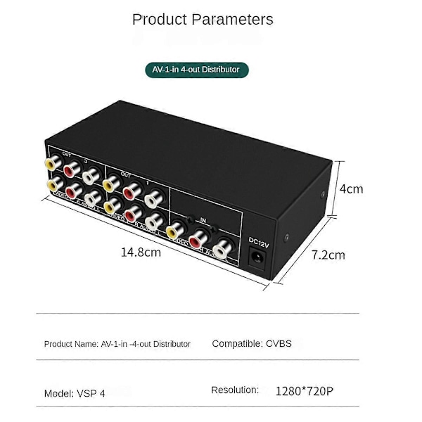 4-vägs AV-splitter 1 in 4 ut Komposit AV-splitter EU-kontakt