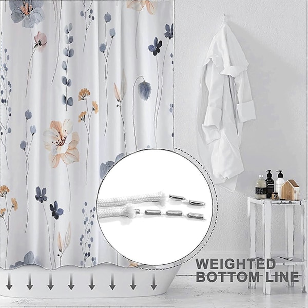 Akvarel Blomster Bruseforhængssæt, Blå Beige Blomster Badeværelsesforhæng, Moderne Minimalistisk Hvidt Badeforhæng, Vandtæt Stof med 12 Kroge 183x183 cm