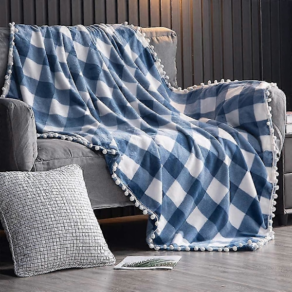 Fleece-peitto pompom-hapsuilla, sinivalkoinen Buffalo-ruudullinen flanellipeitto sohvalle (130x150cm)