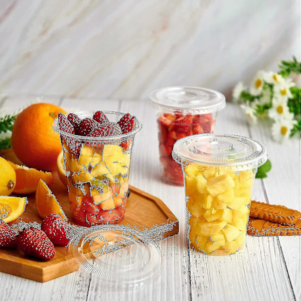 [100 Set] 12oz Genomskinliga Plastmuggar med Platta Lock, Engångsmuggar, 12 Oz Plastmuggar för Iskaffe, Smoothie, Slush, Eller Alla Kalla Drycker