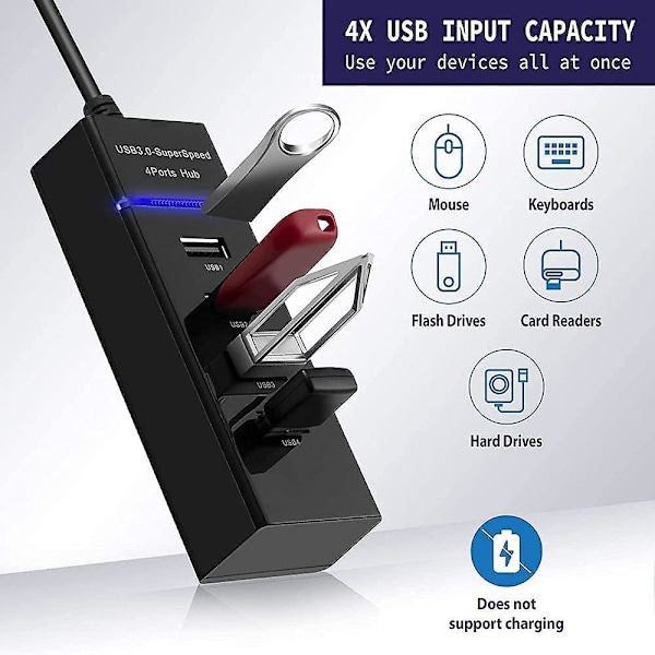 USB-keskitinsovitin, 4 porttia USB 3.0 -jakaja Datakeskitinsovitin Supernopea Yhteensopiva Windows XP/Vista/7/8/10 -käyttöjärjestelmille (0,3 m jatkojohto)