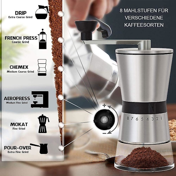 Manuell Kaffekvern, Kaffekvern i Rustfritt Stål, 8 Justerbare Malingsnivåer med 1 Avtakbar Beholder, Bærbar Kaffekvern