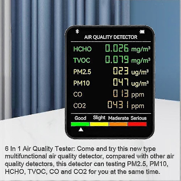 6-i-1 Luftkvalitetsdetektor LCD Stor Skjerm CO2-måler PM2.5 PM10 HCHO TVOC CO CO2 Karbondioksid Formaldehyd Monitor