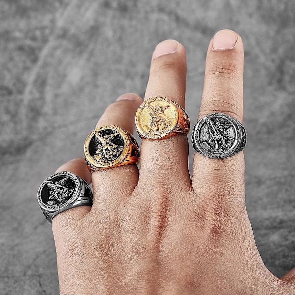 Arkängeln Mikael Exorcism Ring i Rostfritt Stål för Män Punk Amulet för Pojkvän Smycken Kreativitet Present