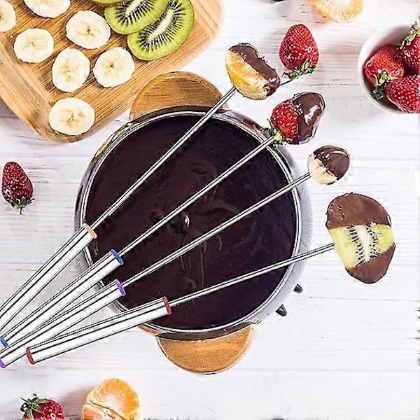 6 stk. 24 cm Farvekodede Fonduegafler i Rustfrit Stål, Ostefonduegaffel i Rustfrit Stål Frugtfonduegafler med Varmeisolerende Håndtag til Chokolade