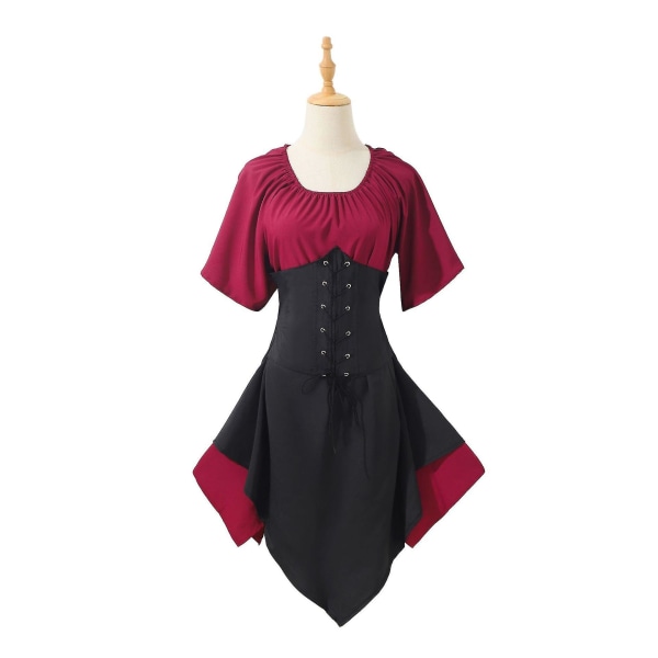 Snabb leverans Dam medeltida renässansdräkter Piratkorsettklänning för kvinnor Flare ärm Traditionell irländsk kort klänning Red-Black L