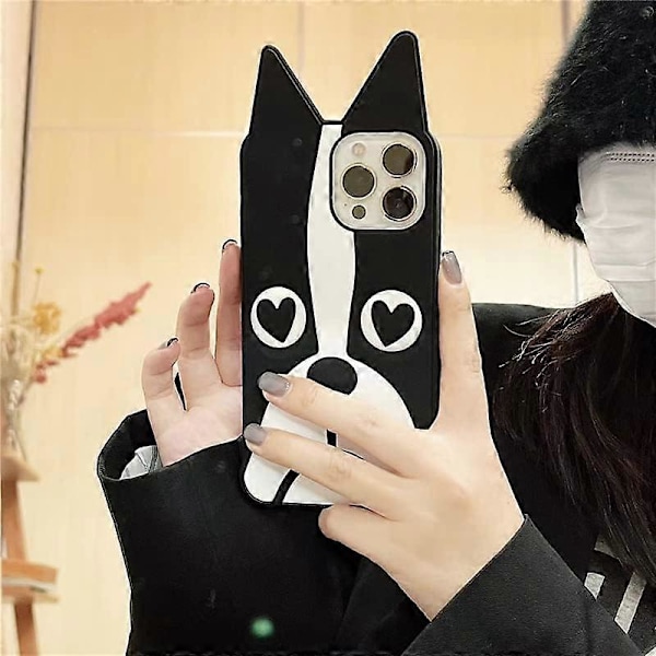 Ultratjockt Mjukt Silikon Fransk Bulldog Skal för Apple iPhone 13 Pro Max 3D Valp Svart och Vit Färg Söt Rolig Kawaii