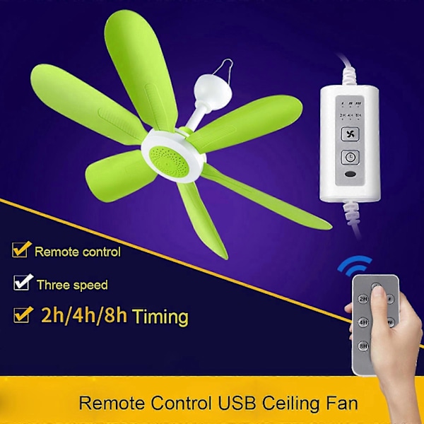17,7 tommer fjernbetjening 8 timers timer 3-trins USB loftventilator telt campingventilator