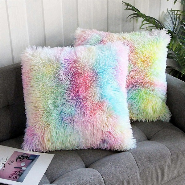 Plysstof Blødt Pude Sæt Af 2 Dekorative Pudebetræk, Sofa Puder Dekorative Bløde Regnbue Plys Pude Fluffy Pudebetræk Til Sofa, Stol, Stue