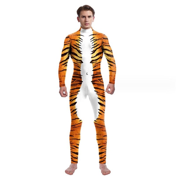 Kvinnors Halloween Tiger Cosplay Bodysuit 3d Skinny Stretch Costume L