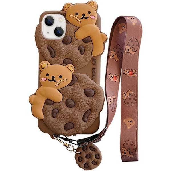 IPhone 13 Pro Kuori Cookie Bear Kawaii -kuori, Söpö kuori pitsinauhalla ja avaimenperällä, 3D-sarjakuva Karhu Pehmeä Silikonikuori, Sopii naisille ja tytöille