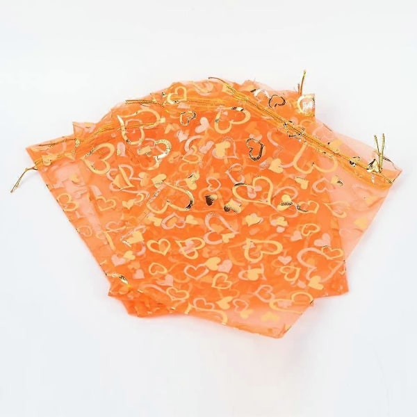 100 STK 5x7 Tommer Hjerteprintet Mørk Orange Organzaposer Smykkeposer Organza Snøreposer Bryllupsgaver Pose Slik Gaveposer