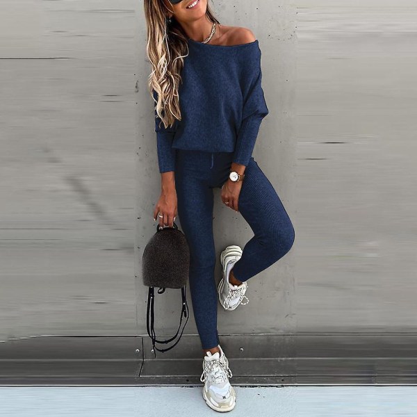 Kvinnor Vanlig Casual träningsoverall långärmad T-shirt Leggings Skinny Pants Outfit Set Dark Blue S