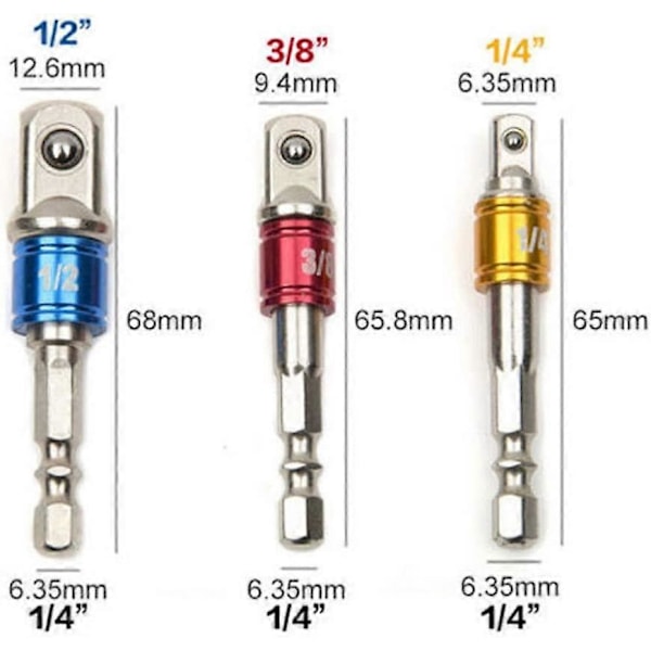 Forlængerstang Hex Skaft Top Adapter Bor, 3 stk. Slagtop Firkantmøtrik Driver Bit + 3 stk. 1/4 Hex Skaft Skruetrækker Bit Holder + 1 stk. 1/4 Hex