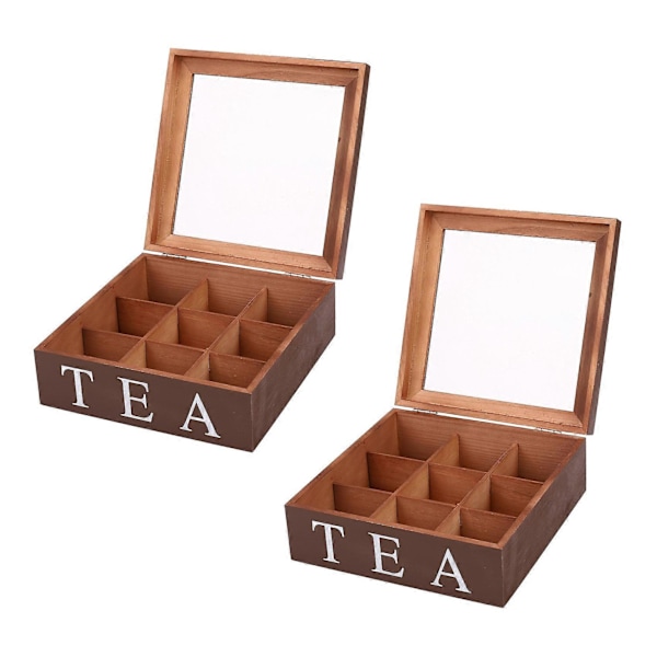2X Trälåda för Te med 9 Fack Tepåsebehållare Förvaringslåda Fyrkantig Presentförpackning Fodral Transparent Topplock J