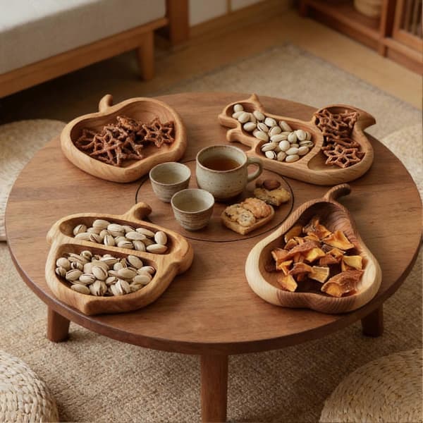 Snackbricka i trä med dold låda för ost, nötter och aptitretare pine cone