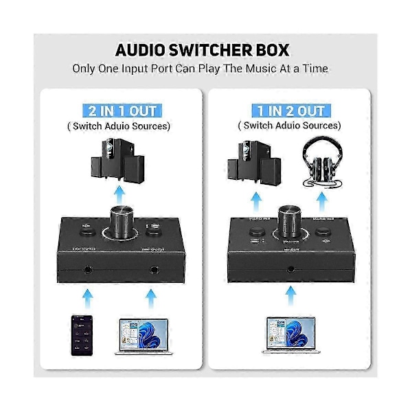 3,5 mm Audio Switch, 2 Indgange 1 Udgang/1 Indgang 2 Udgange Audio Splitter Switch, Audio Switch Box