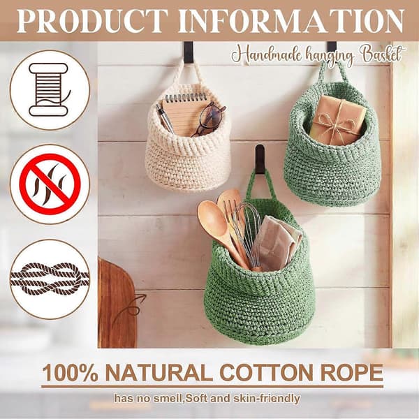 Boho inredning hängande väggkorgar för kök 3-pack korgar med krokar förvaring WHITE