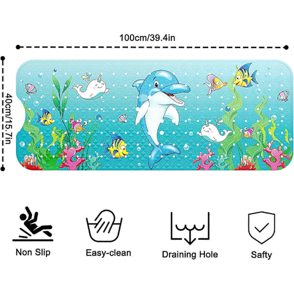 40cm*100cm Skridsikker Bademåtte til Børn - Ekstra Stor Tegneserie Baby Bademåtte til Badekar, Delfin Print Skridsikker Brusemåtte med Sugekopper og Afløbshuller