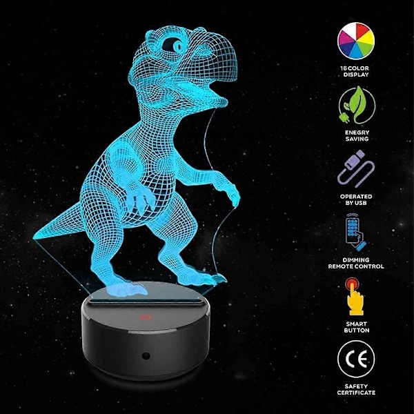 Dinosaurie Nattlampa för Barn - 3D Dinosaurielampa 16 Färger Optisk Illusion Touch & Fjärrkontroll med 3 Akrylplattor Bästa Julklappen Födelsedag Nyår