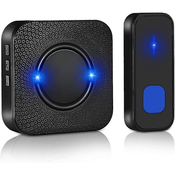 Trådløs dørklokke, 300 meter IP55 vandtæt, med 1 plug-in modtager, 55 melodier 5-niveau lydstyrke, LED Flash-sort