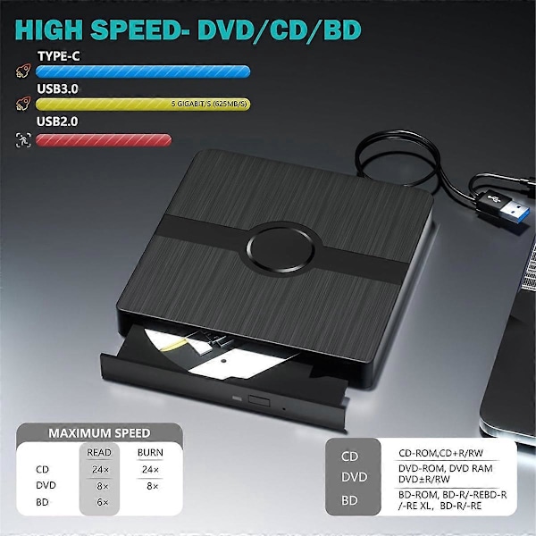 Extern Blu-ray-enhet, CD/DVD-brännare med läs-/skrivfunktion, portabel Blu-ray-spelare för P