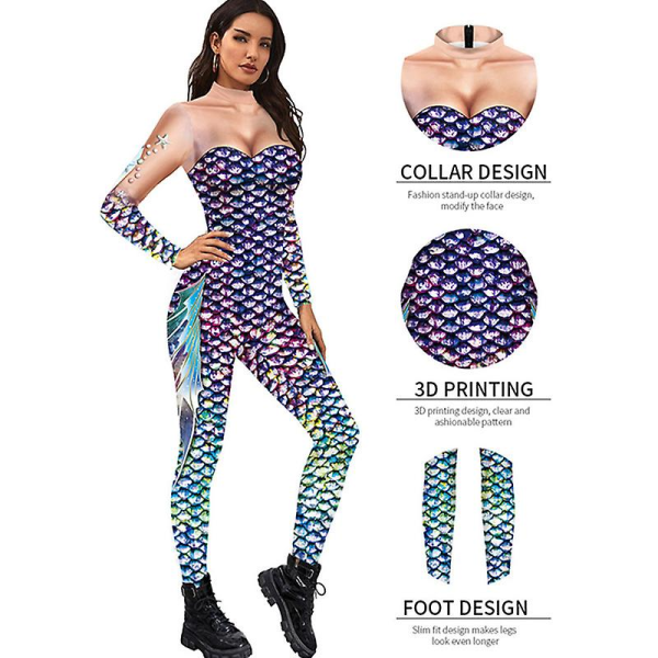 Kvinnor Fish Scale Body Halloween kostym Jumpsuit COLOR 1 M