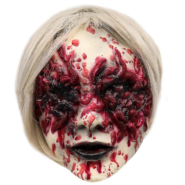 Skräck Halloween Creepy Bloody White Wig Zombie Ghost Latex Mask Cosplay Party Prop A