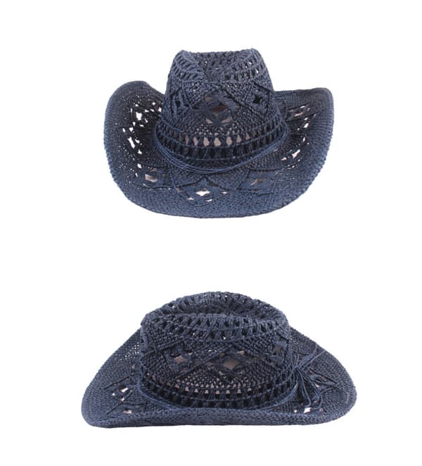 Beige stråcowboyhat, gennembrudt bredskygget solhat. Navy blue