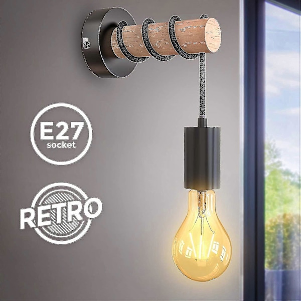 Vägglampa, Industriell Retrodesign, Trä & Metall, Vardagsrums- & Sovrumsbelysning, E27 Sockel, För Max 10w LED-lampa, Svart