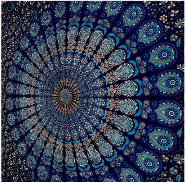 Blå veggteppe med mandala, Boho-dekor, 150*210cm