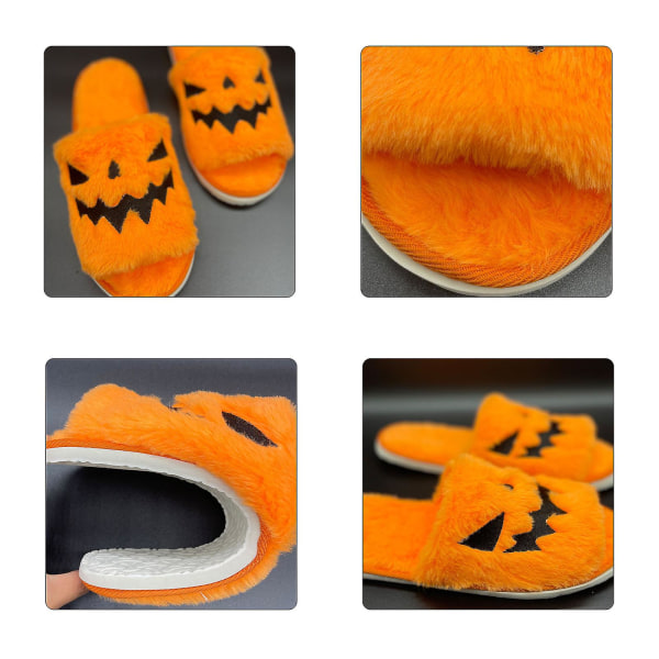 Halloween plysch platta tofflor med djävulsbroderier för höst och vinter Orange Red