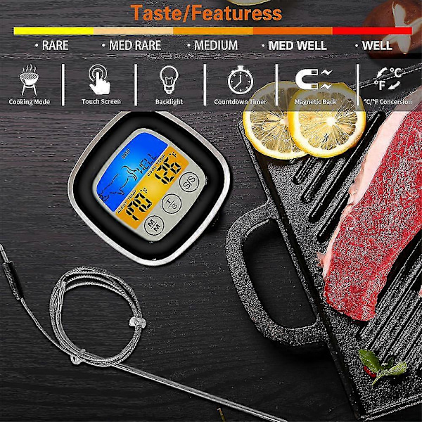 Touchscreen Kötttermometer Matlagningstermometer BBQ Grill Rökare Termometer Timer Varning Matlagning Bakning Ugn Digital Termometer
