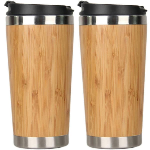 2X 450ml Bambu Kaffekopp Rostfritt Stål Kaffe Resemugg med Läcksäkert Lock Isolerad Kaffe