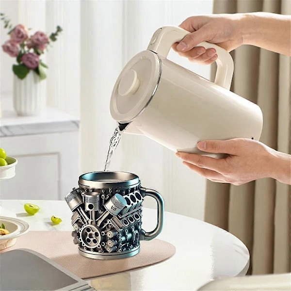 V6 Motorer Rustfritt Stål Kopp Kaffekrus, Bilmotor Kaffekopp med Isolert Håndtak for Bilentusiaster