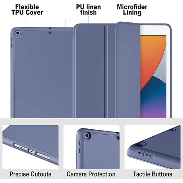 Etui Kompatibelt med iPad 10.2 Tommer 2021/2020 iPad 9./8. Generation & 2019 iPad 7. Generation med Blyantholder, Beskyttende Etui med Blød TPU Bagside