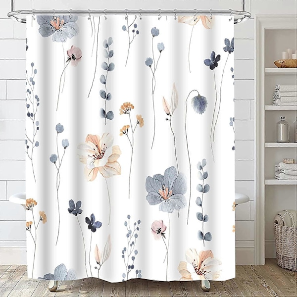 Akvarel Blomster Bruseforhængssæt, Blå Beige Blomster Badeværelsesforhæng, Moderne Minimalistisk Hvidt Badeforhæng, Vandtæt Stof med 12 Kroge 183x183 cm