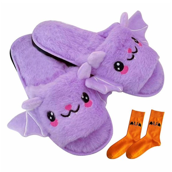 Halloween Tofflor Anti-sladd Mysig Bat Plysch Tofflor Med Strumpor Sovrum Tofflor Inomhus Hem Tofflor Fuzzy Slides För Familj Purple Ms.