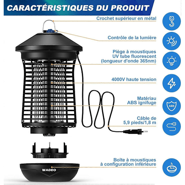 Myggdreperlampe med lyssensor, WADEO 4000V 20W UV Elektrisk Insektdreper Anti-insektmiddel, Effektiv rekkevidde 100 kvadratmeter, Egnet f