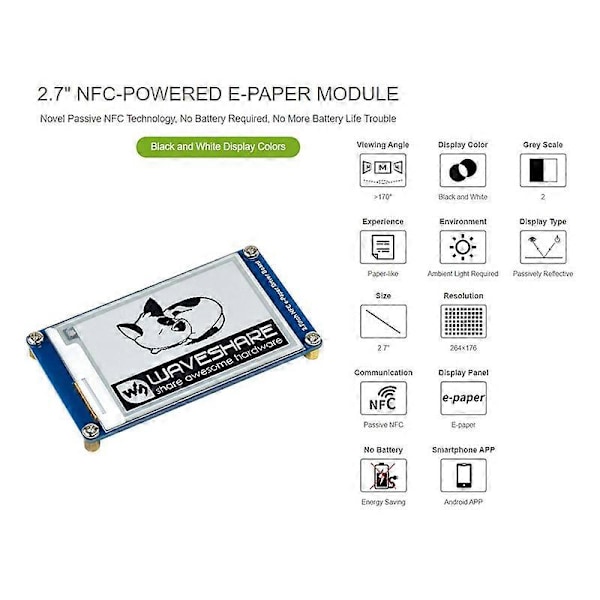 Waveshare 2.7 Tum Passiv NFC-Driven E-Pappersmodul Inget Batteri Trådlös Strömförsörjning & Dataöverföring