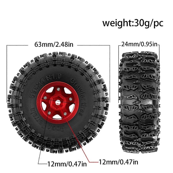 4st 63mm 1.0 tum Beadlock Hjul Däck Set för 1/18 1/24 RC Crawler Bil TRX4M SCX24 FCX24 Uppgraderingsdelar Tillbehör Svart
