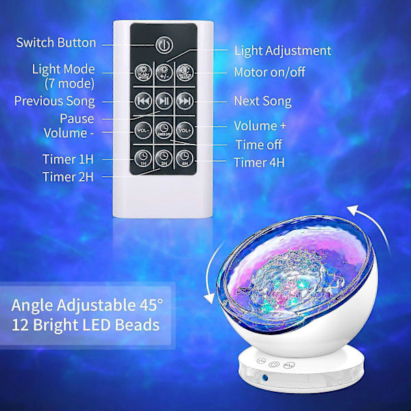LED Projektor Simulerer Havbølger, Nattlampe for Barn, 7 Fargemoduser, Fjernkontroll Timer, Sengelampe for Baby, Barn og Voksne, Romdekor, Wh