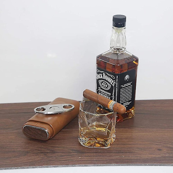 3-fingers cigarrfodral i läder, cigarrhumidor med cederfoder och cigarrsax