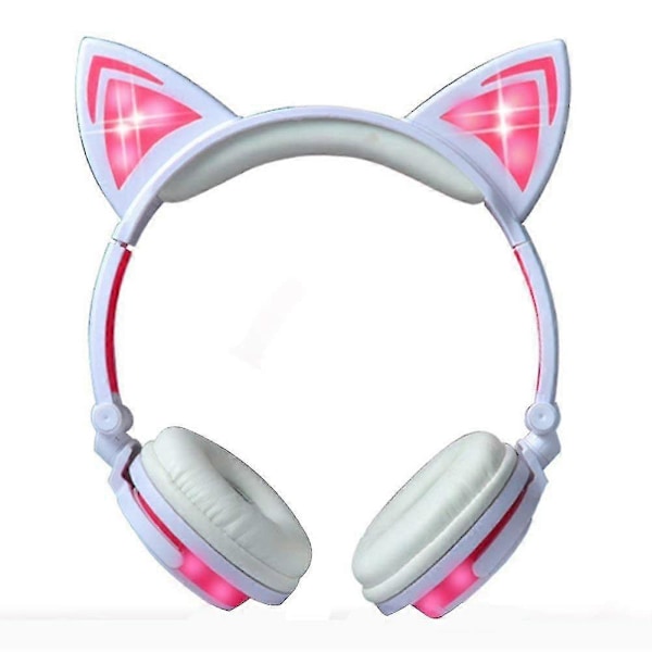 Kattöronhörlurar med LED-blinkande ljus, för flickor, barn, kompatibel med bärbar dator, smartphone, MP3 (rosa)