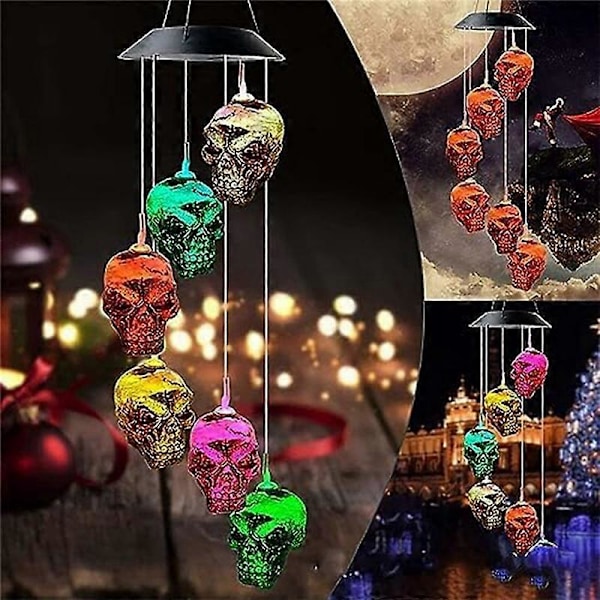 Halloween Dödskalle Skelett LED Solcellsdriven Vindspel för Utomhusbruk, Perfekt för Halloween Veranda Gård Trädgård